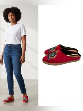 Anne Klein II classic silk & jute red slip on mule espadrille shoe  size 7 1/2